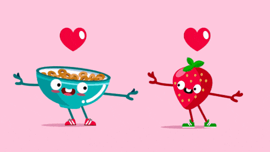 fraise et bol de céréales qui dansent