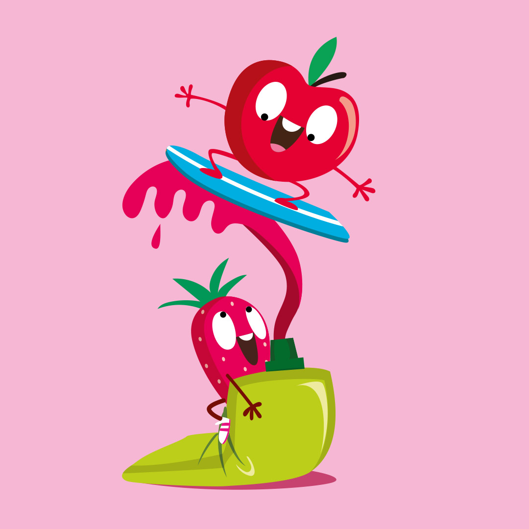 pomme et fraise qui surfent